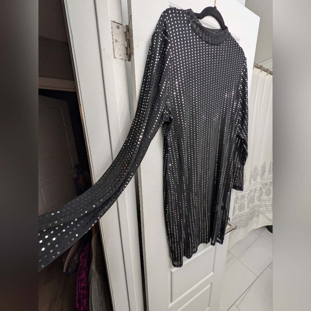Black Long Sleeve sheer Dress with Silver Flat Embellishments
